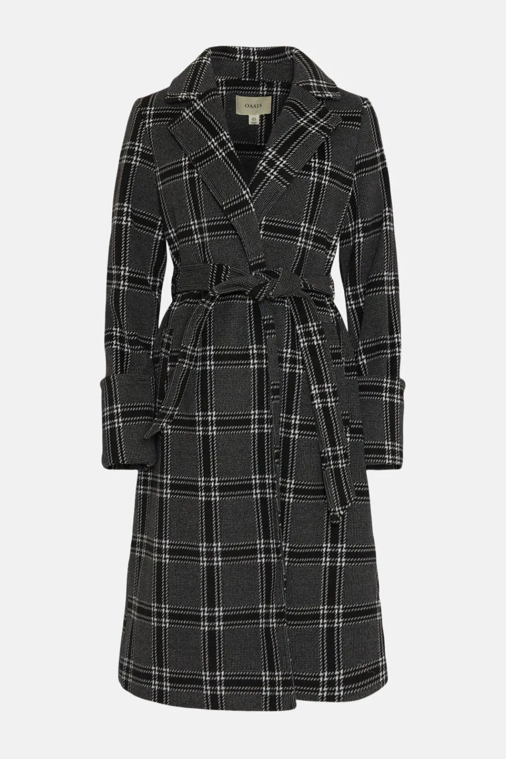 Fashion Oasis Mono Check Belted Wrap Turn Up Cuff Coat Black