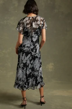 Clearance Oasis Mono Delicate Lace Floral V Neck Chiffon Midi Dress Blackwhite