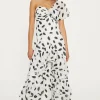Clearance Oasis Mono Spot Asymmetric Ruffle Midi Dress White