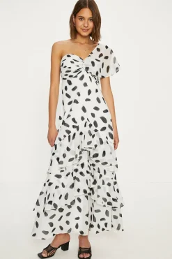 Clearance Oasis Mono Spot Asymmetric Ruffle Midi Dress White