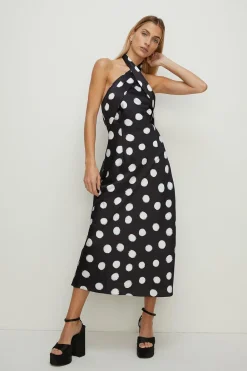 Fashion Oasis Mono Spot Satin Halter Neck Midi Dress Black
