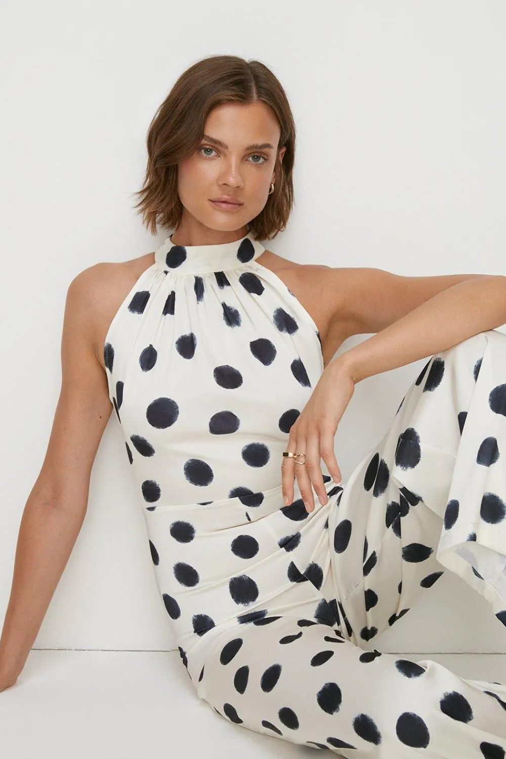 Outlet Oasis Mono Spot Satin Halter Neck Jumpsuit White