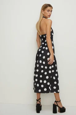 Fashion Oasis Mono Spot Satin Halter Neck Midi Dress Black