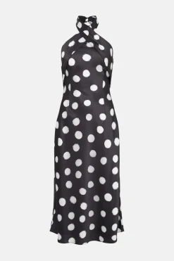 Fashion Oasis Mono Spot Satin Halter Neck Midi Dress Black