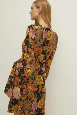 Fashion Oasis Mosaic Floral Stripe Chiffon Tie Side Dress Black