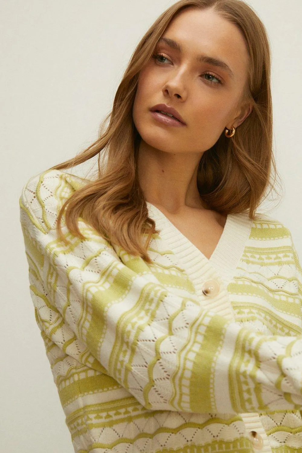 Hot Oasis Multi Stitch V Neck Cardigan Lime