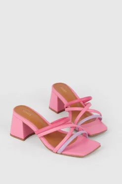 Hot Oasis Multi Strap Detail Mule Block Heel Pink