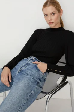 Sale Oasis Mutton Sleeve Crew Neck Rib Jumper Black