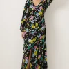 New Oasis Neon Printed V Neck Ruched Midi Dress Floral