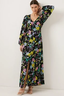 New Oasis Neon Printed V Neck Ruched Midi Dress Floral
