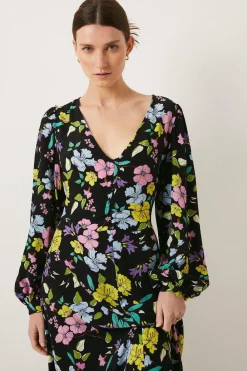 New Oasis Neon Printed V Neck Ruched Midi Dress Floral