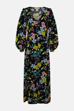 New Oasis Neon Printed V Neck Ruched Midi Dress Floral