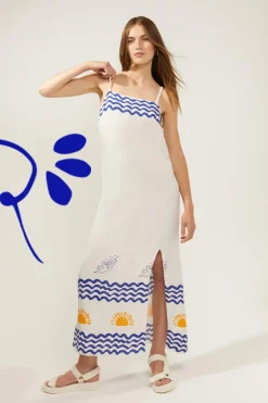 New Oasis X Charlie Taylor Embroidered Linen Mix Wave Sunshine Midi Dress Ivory