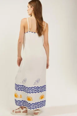 New Oasis X Charlie Taylor Embroidered Linen Mix Wave Sunshine Midi Dress Ivory