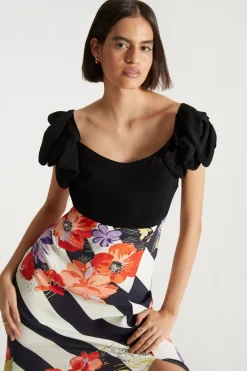 Clearance Oasis X Print Sisters Contrast Print Bow Midi Dress Mono
