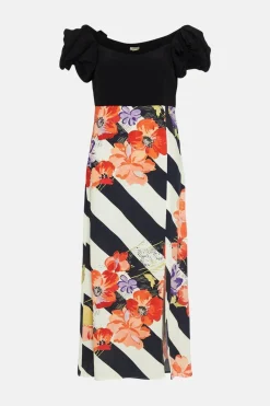 Clearance Oasis X Print Sisters Contrast Print Bow Midi Dress Mono