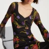 Hot Oasis X Print Sisters Floral Mesh V Neck Midi Dress Black