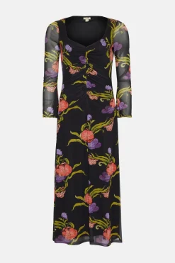 Hot Oasis X Print Sisters Floral Mesh V Neck Midi Dress Black