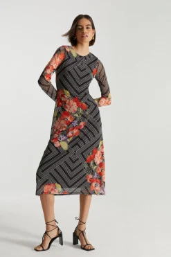 Discount Oasis X Print Sisters Geo Floral Mesh Midi Dress Black
