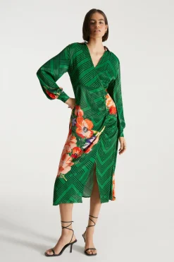 New Oasis X Print Sisters Ruched Side Shirt Dress Green