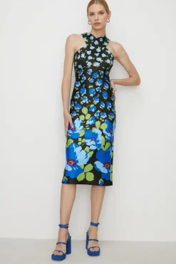 Hot Oasis Ombre Floral Scuba Halterneck Midi Dress Black