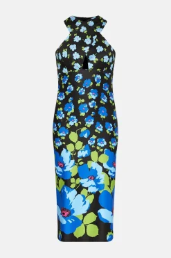 Hot Oasis Ombre Floral Scuba Halterneck Midi Dress Black