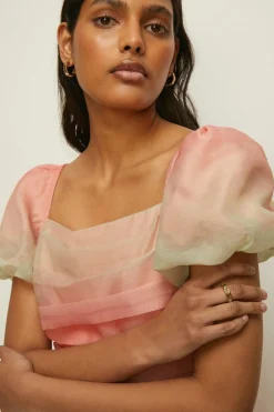 Online Oasis Ombre Ruched Detail Organza Skater Dress Apricot
