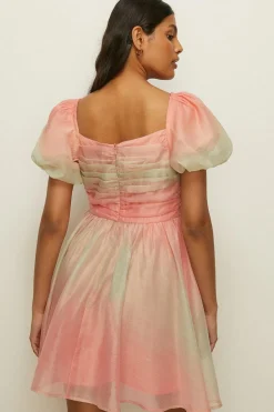 Online Oasis Ombre Ruched Detail Organza Skater Dress Apricot