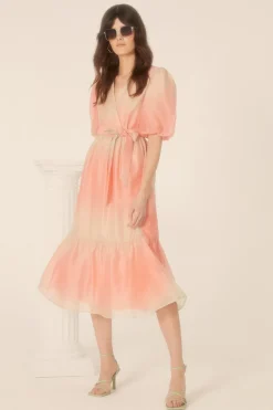 Fashion Oasis Ombre Wrap Organza Midi Dress Apricot