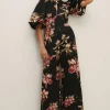 Fashion Oasis Orchid Print Puff Sleeve Scuba Jumpsuit Black