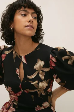 Fashion Oasis Orchid Print Puff Sleeve Scuba Jumpsuit Black