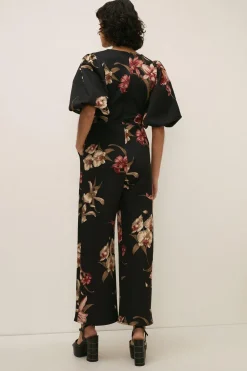 Fashion Oasis Orchid Print Puff Sleeve Scuba Jumpsuit Black