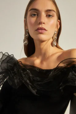 Clearance Oasis Organza Bardot Knit Mini Dress Black