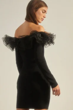 Clearance Oasis Organza Bardot Knit Mini Dress Black