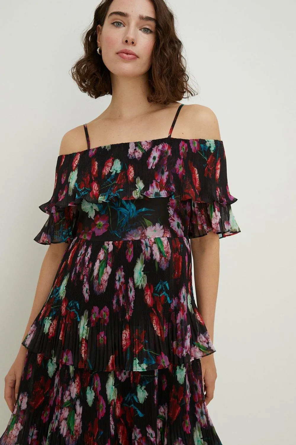 Discount Oasis Painted Floral Bardot Organza Tiered Dress Black