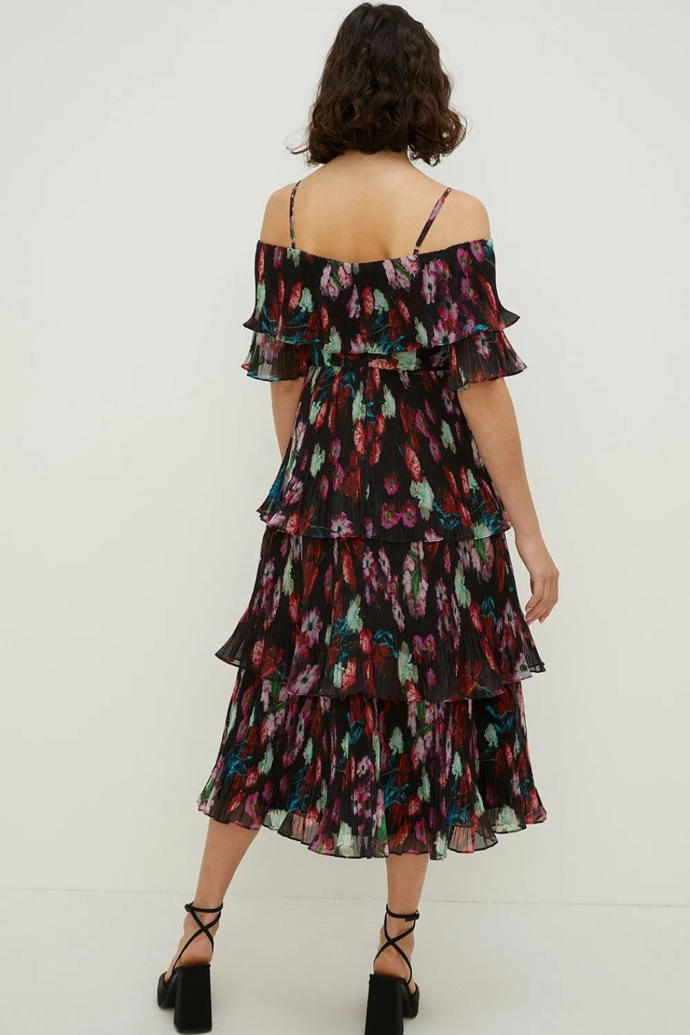 Discount Oasis Painted Floral Bardot Organza Tiered Dress Black