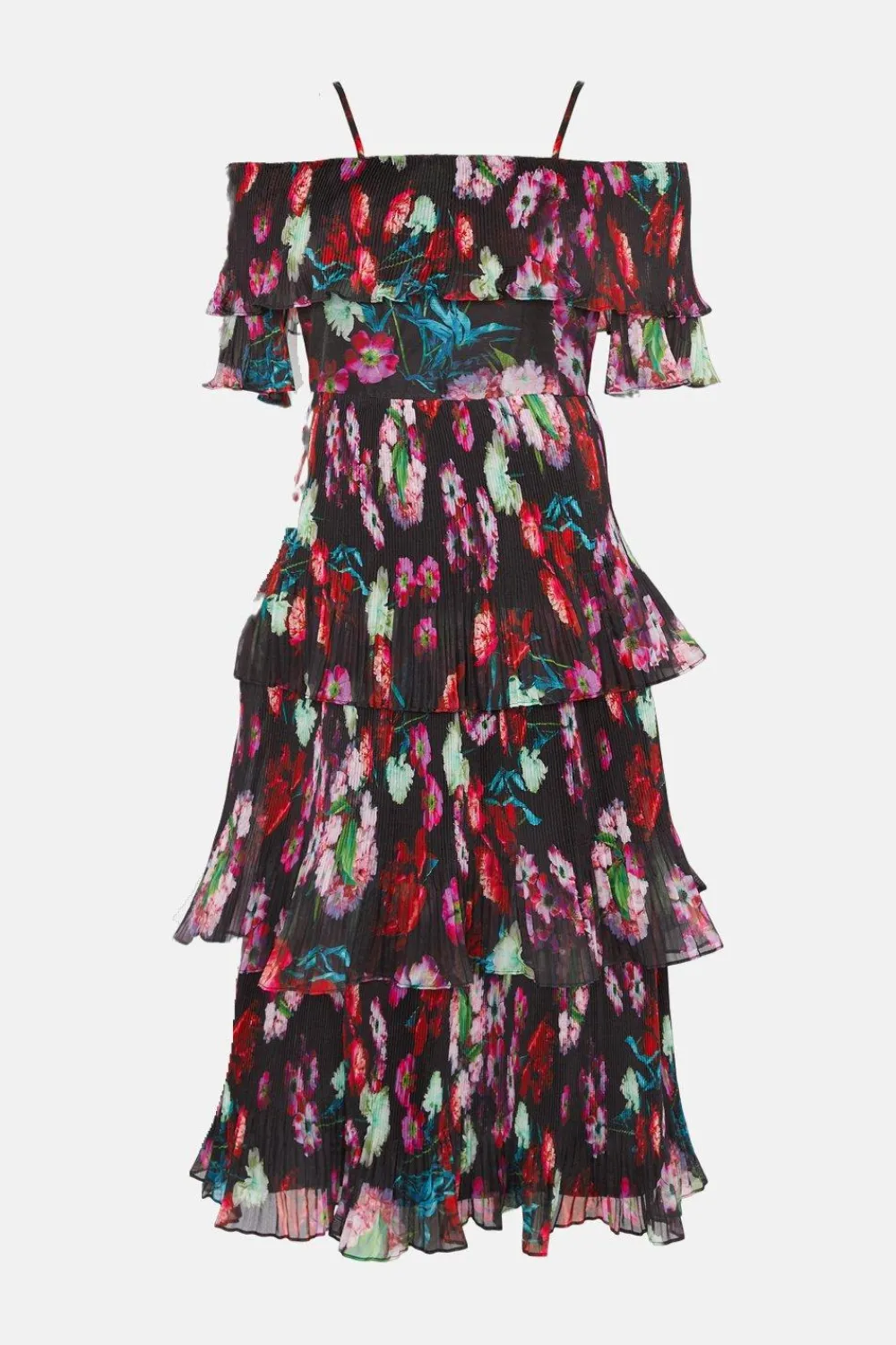 Discount Oasis Painted Floral Bardot Organza Tiered Dress Black