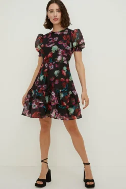 Online Oasis Painted Floral Tiered Organza Skater Dress Black