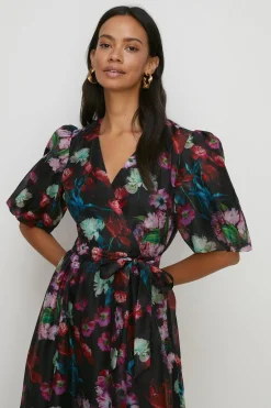 Outlet Oasis Painted Floral Wrap Organza Midi Dress Black