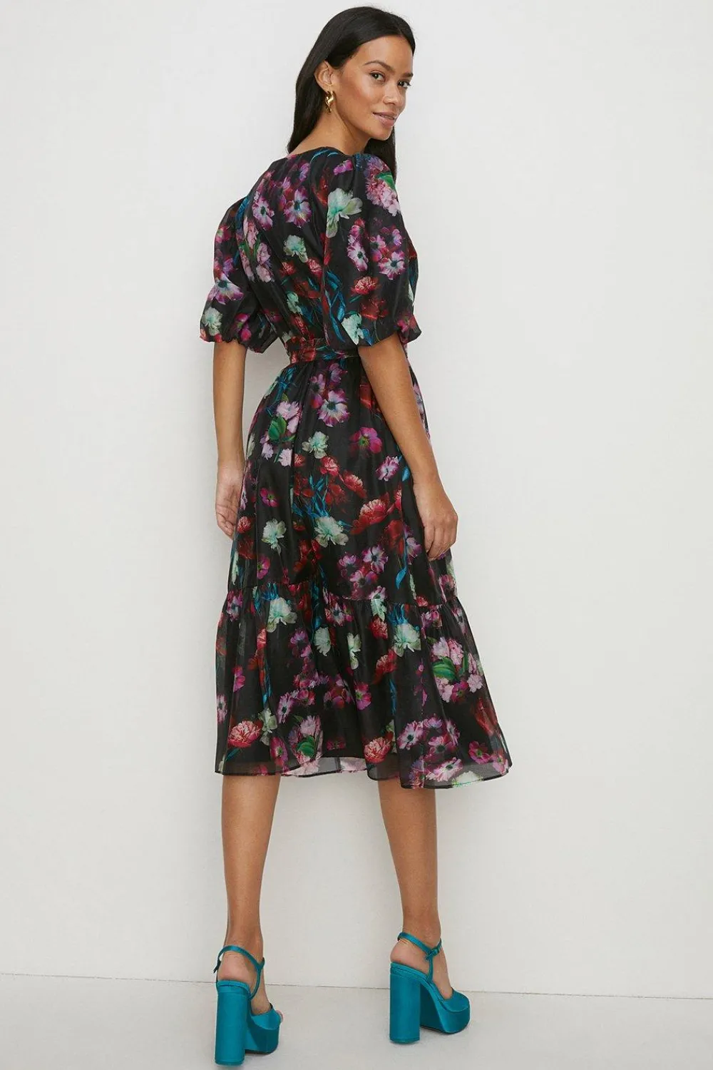 Outlet Oasis Painted Floral Wrap Organza Midi Dress Black