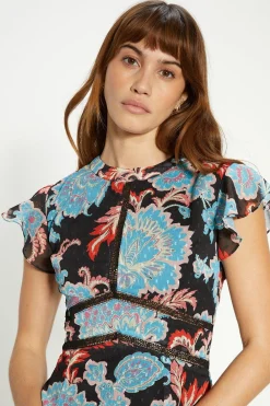 Fashion Oasis Paisley Floral Tiered Lace Trim Midi Dress Black