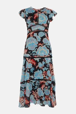 Fashion Oasis Paisley Floral Tiered Lace Trim Midi Dress Black