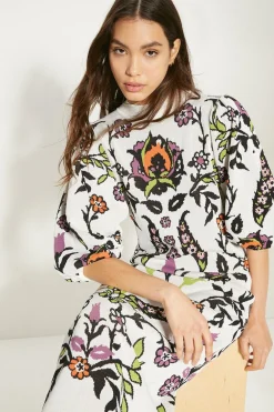 Clearance Oasis Paisley Jacquard Ruched Sleeve Midi Dress Ivory