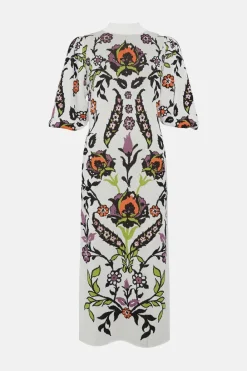 Clearance Oasis Paisley Jacquard Ruched Sleeve Midi Dress Ivory