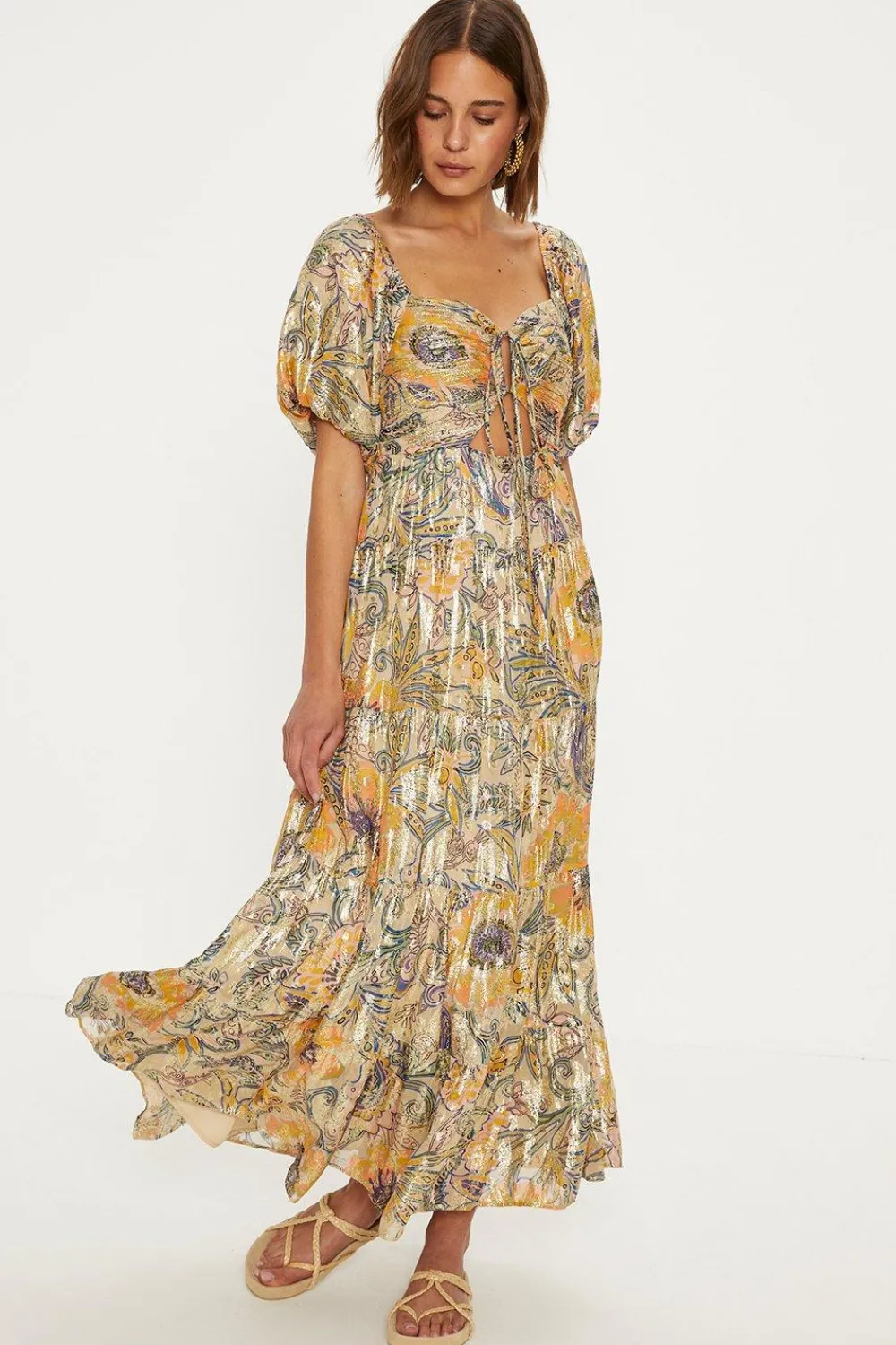 Fashion Oasis Paisley Metallic Midi Dress Tropical Orange