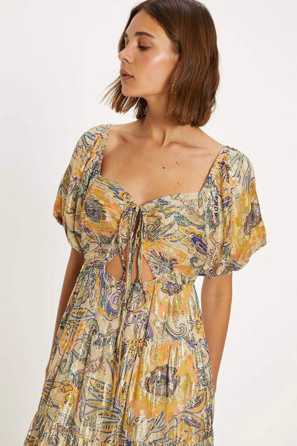 Fashion Oasis Paisley Metallic Midi Dress Tropical Orange