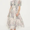 Online Oasis Paisley Organza Wrap Front Puff Sleeve Midi Dress Nude