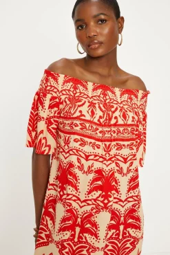 Sale Oasis Paisley Palm Short Sleeve Shir Bardot Dress Red