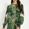 New Oasis Paisley Patch Trim Detail Shirred Cuff Midi Dress Green