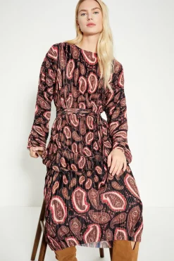 Clearance Oasis Paisley Plisse Belted Midi Dress Multi